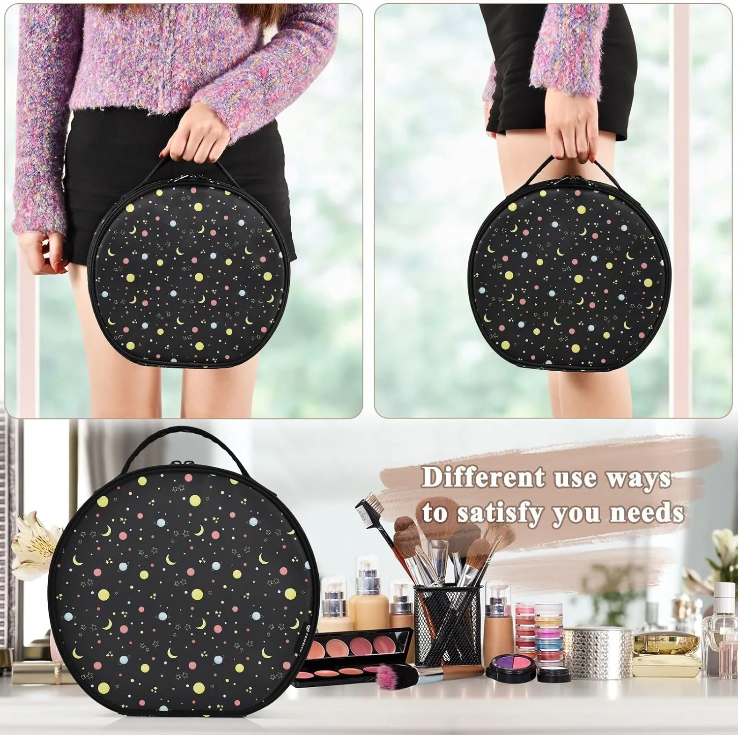 ALAZA Night Sky with Moon and Stars Travel Makeup Case, Portable Artist Makeup Storage Bag