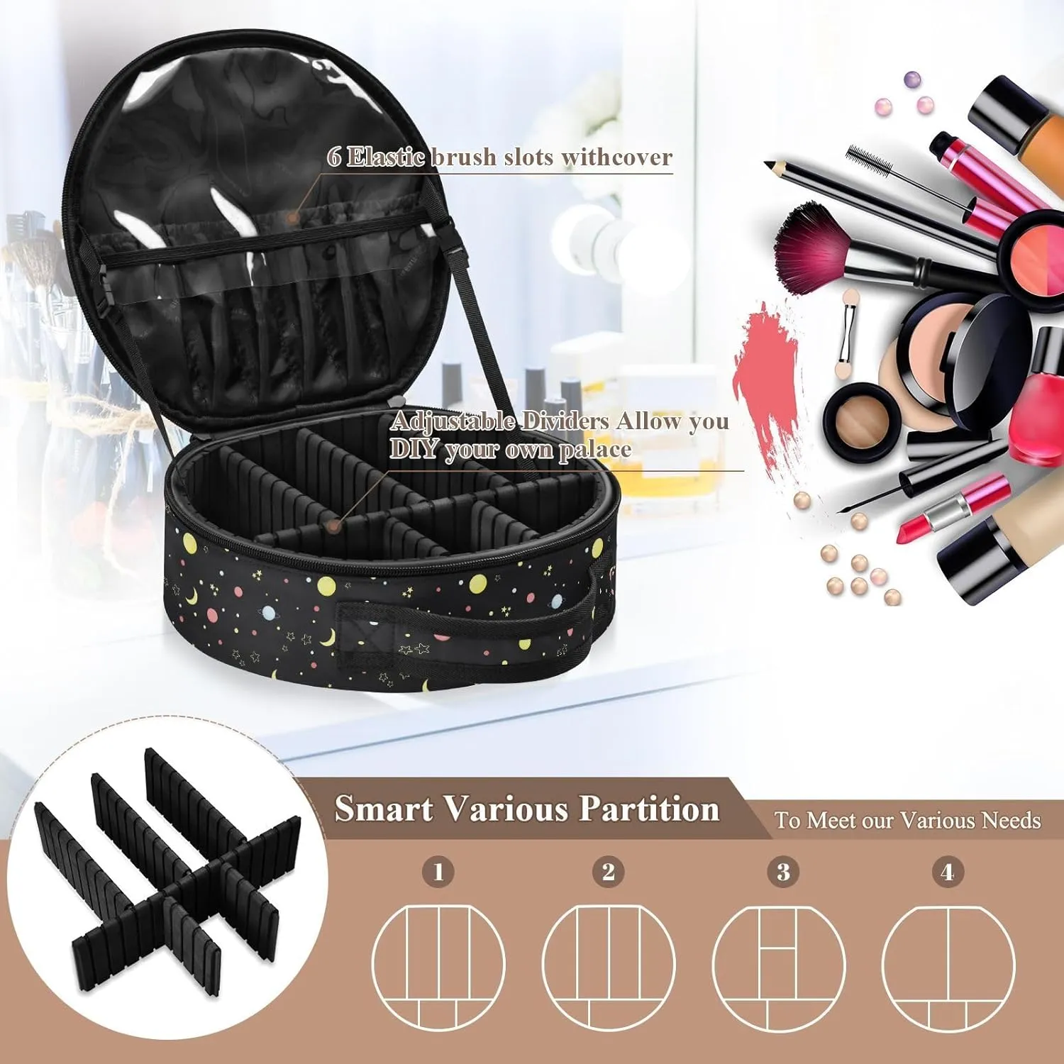 ALAZA Night Sky with Moon and Stars Travel Makeup Case, Portable Artist Makeup Storage Bag