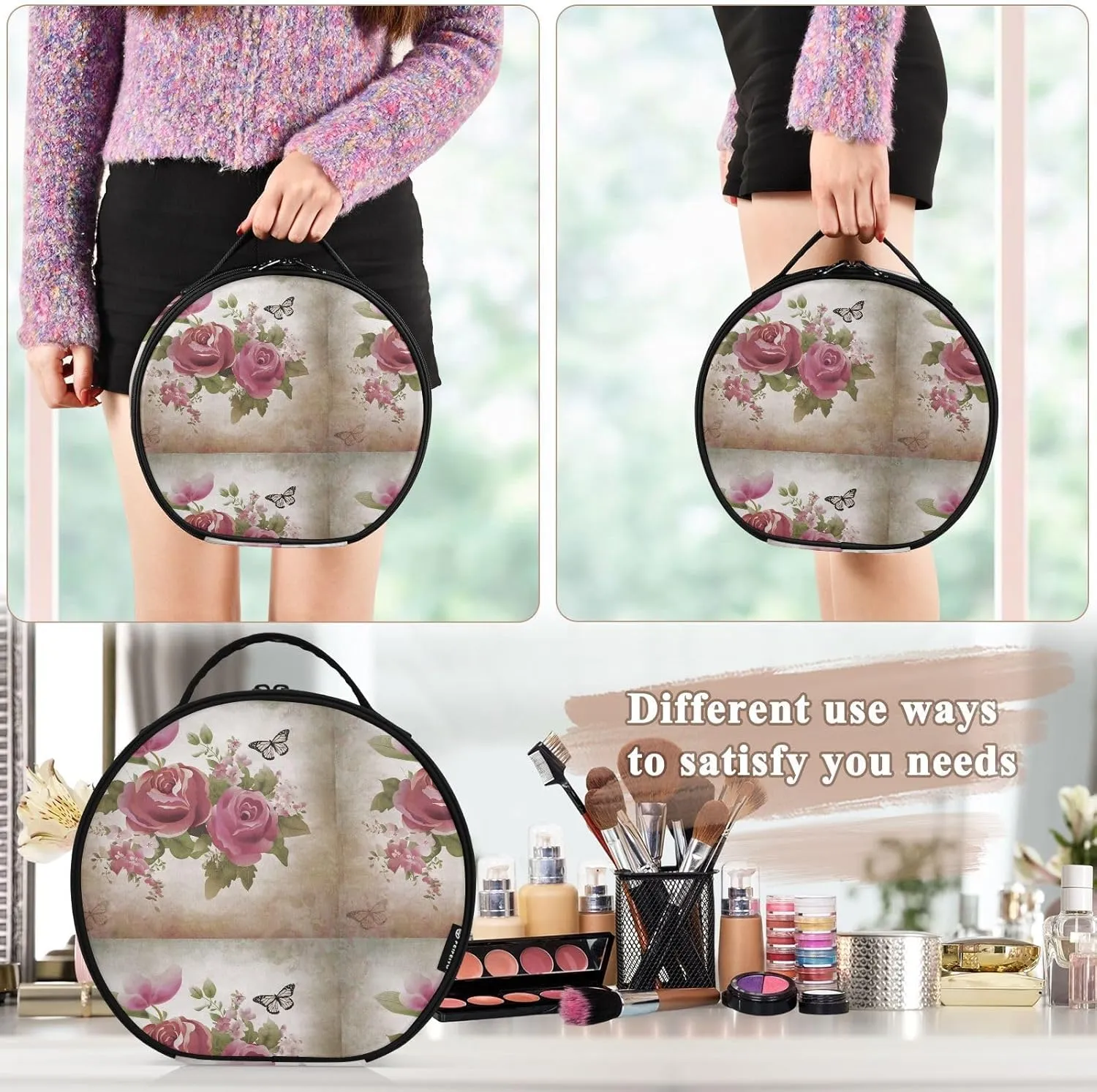 ALAZA Old Grunge Roses and Butterfly Toiletry Bag Travel Makeup Case Organizer for Women