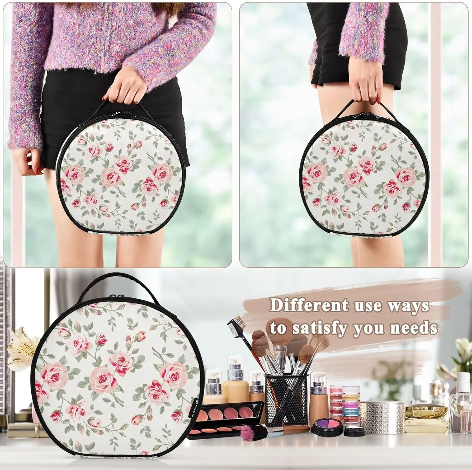 ALAZA Pink Roses Makeup Bag Travel Cosmetic Bag Large Toiletry Organizer