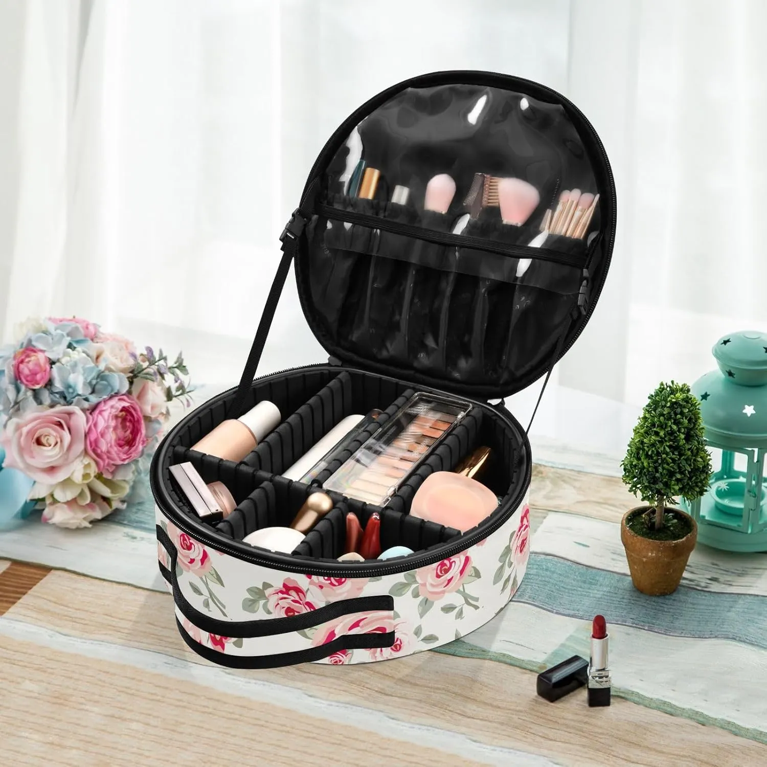 ALAZA Pink Roses Makeup Bag Travel Cosmetic Bag Large Toiletry Organizer