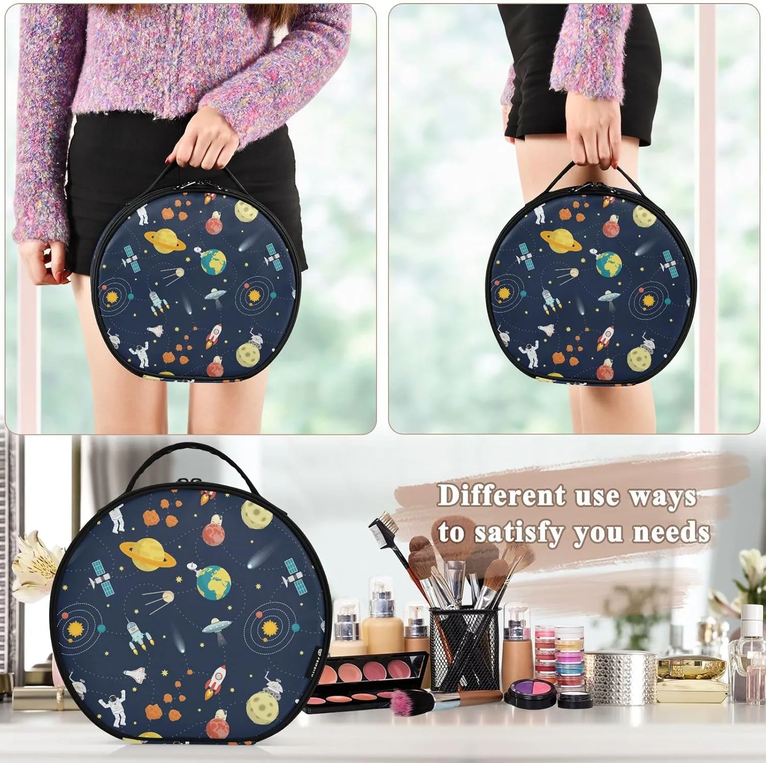 ALAZA Space Stars Planets Astronaut Travel Make Up Organizer Cosmetic Brush Bags Case