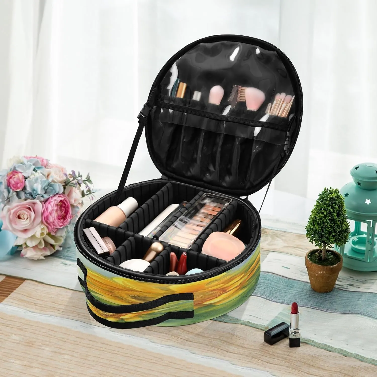 ALAZA Sunflower on Green Watercolor Travel Makeup Train Case Makeup Cosmetic Case with Adjustable Dividers
