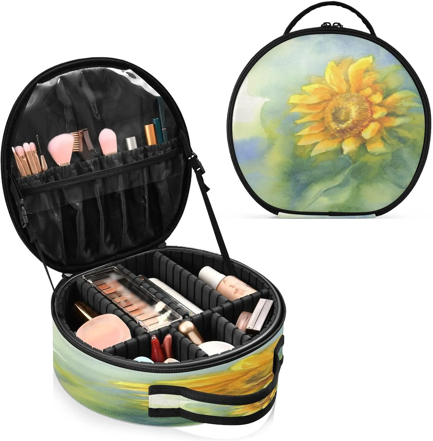 ALAZA Sunflower on Green Watercolor Travel Makeup Train Case Makeup Cosmetic Case with Adjustable Dividers