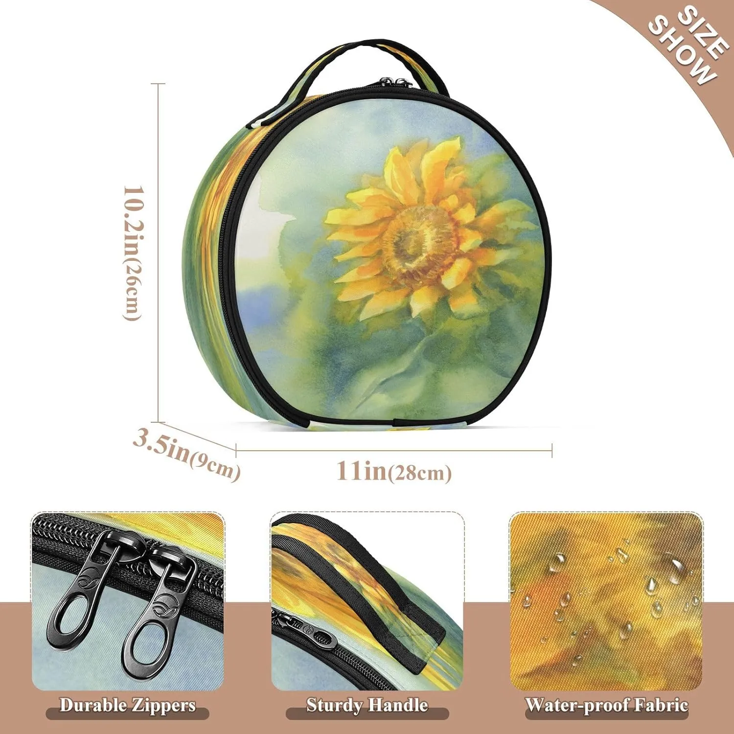 ALAZA Sunflower on Green Watercolor Travel Makeup Train Case Makeup Cosmetic Case with Adjustable Dividers