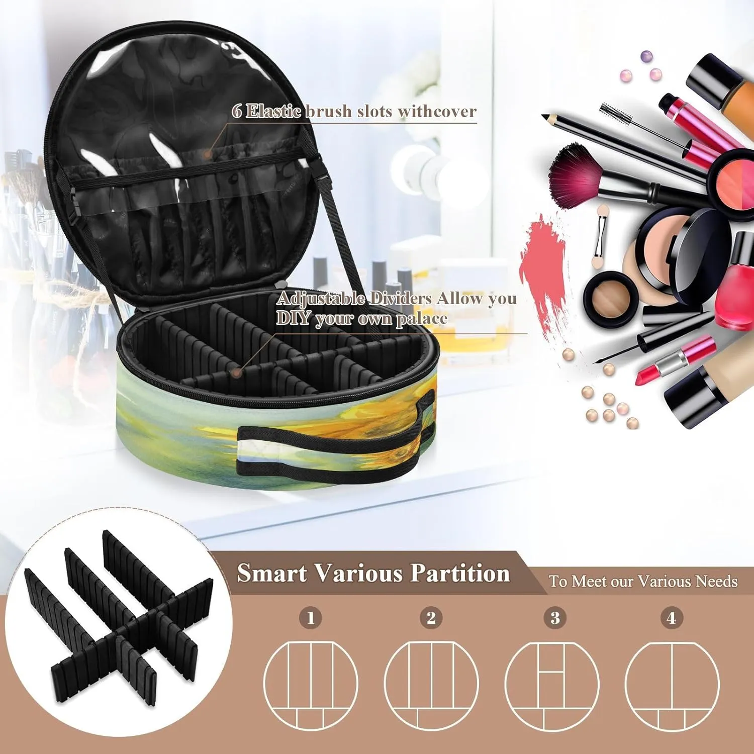 ALAZA Sunflower on Green Watercolor Travel Makeup Train Case Makeup Cosmetic Case with Adjustable Dividers