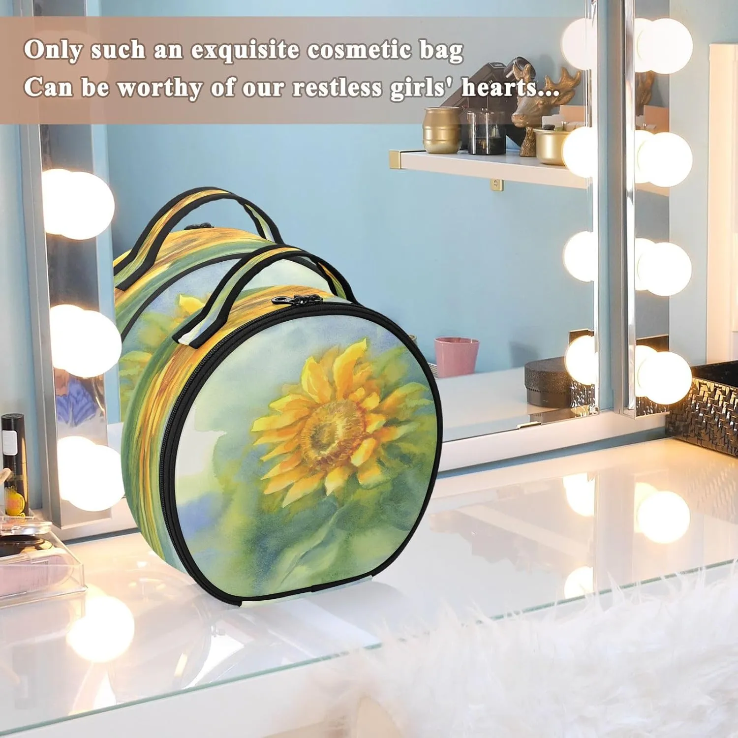 ALAZA Sunflower on Green Watercolor Travel Makeup Train Case Makeup Cosmetic Case with Adjustable Dividers