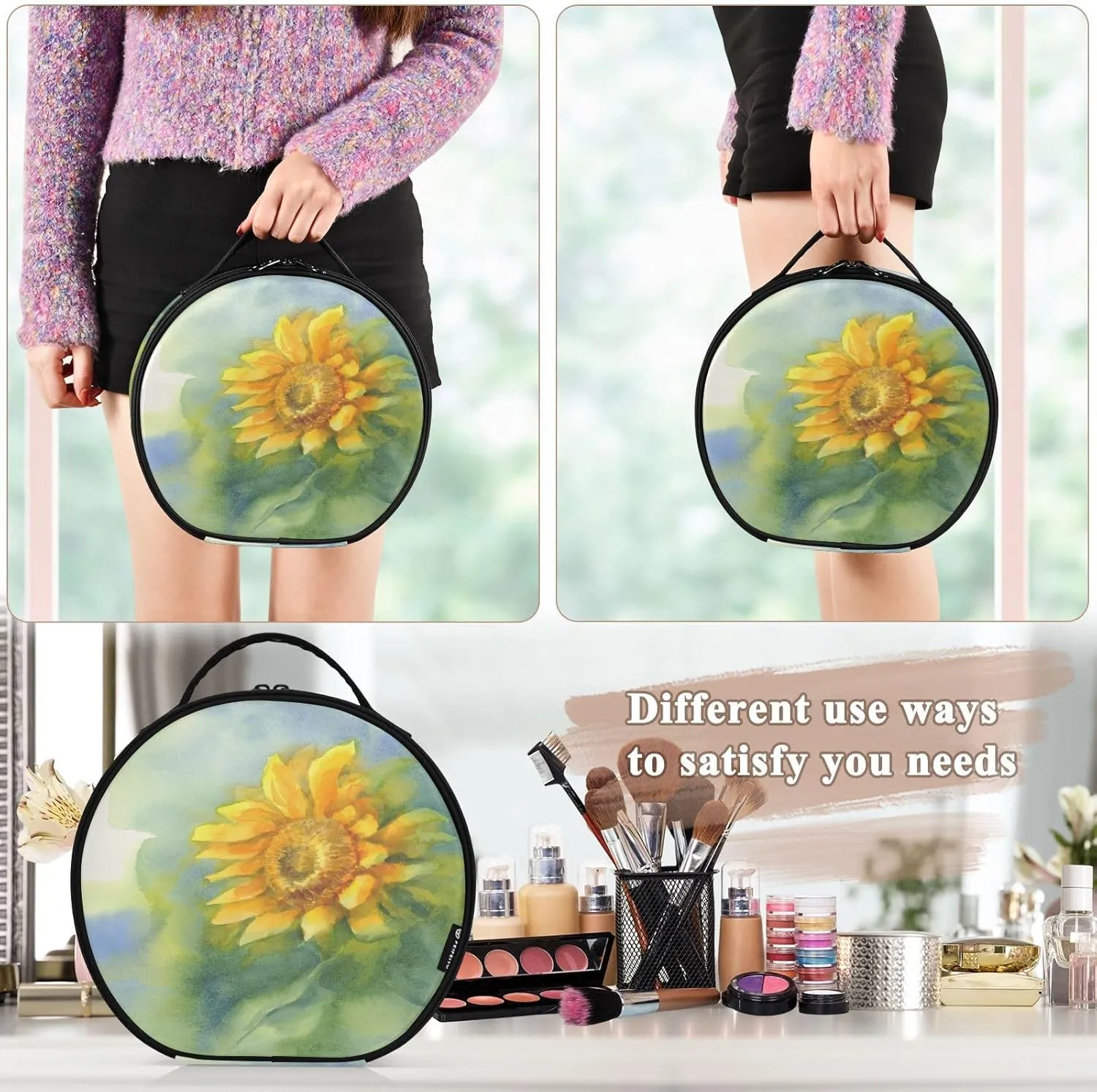 ALAZA Sunflower on Green Watercolor Travel Makeup Train Case Makeup Cosmetic Case with Adjustable Dividers