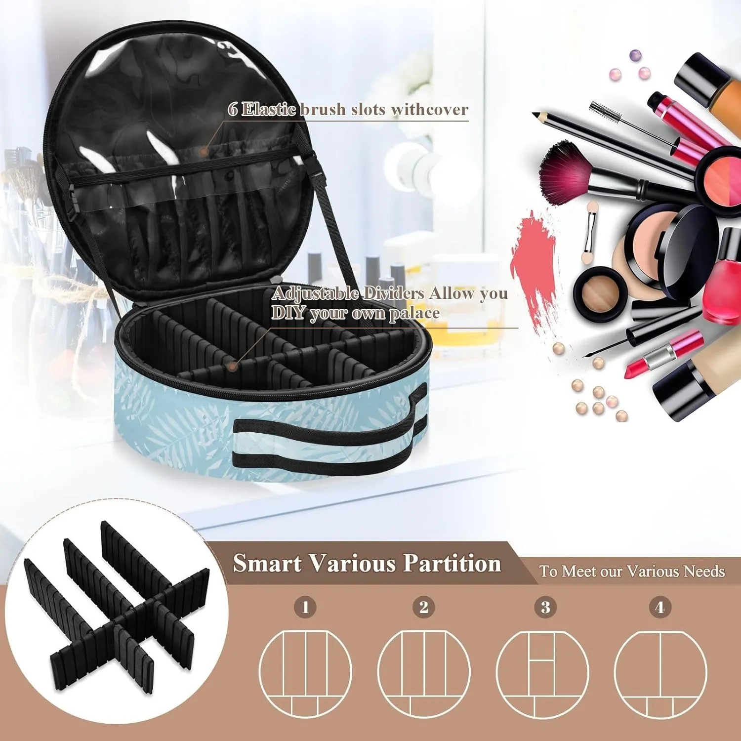 ALAZA Tropical Blue Palm Leaves Plant Summer Travel Make Up Organizer Cosmetic Brush Bags Case