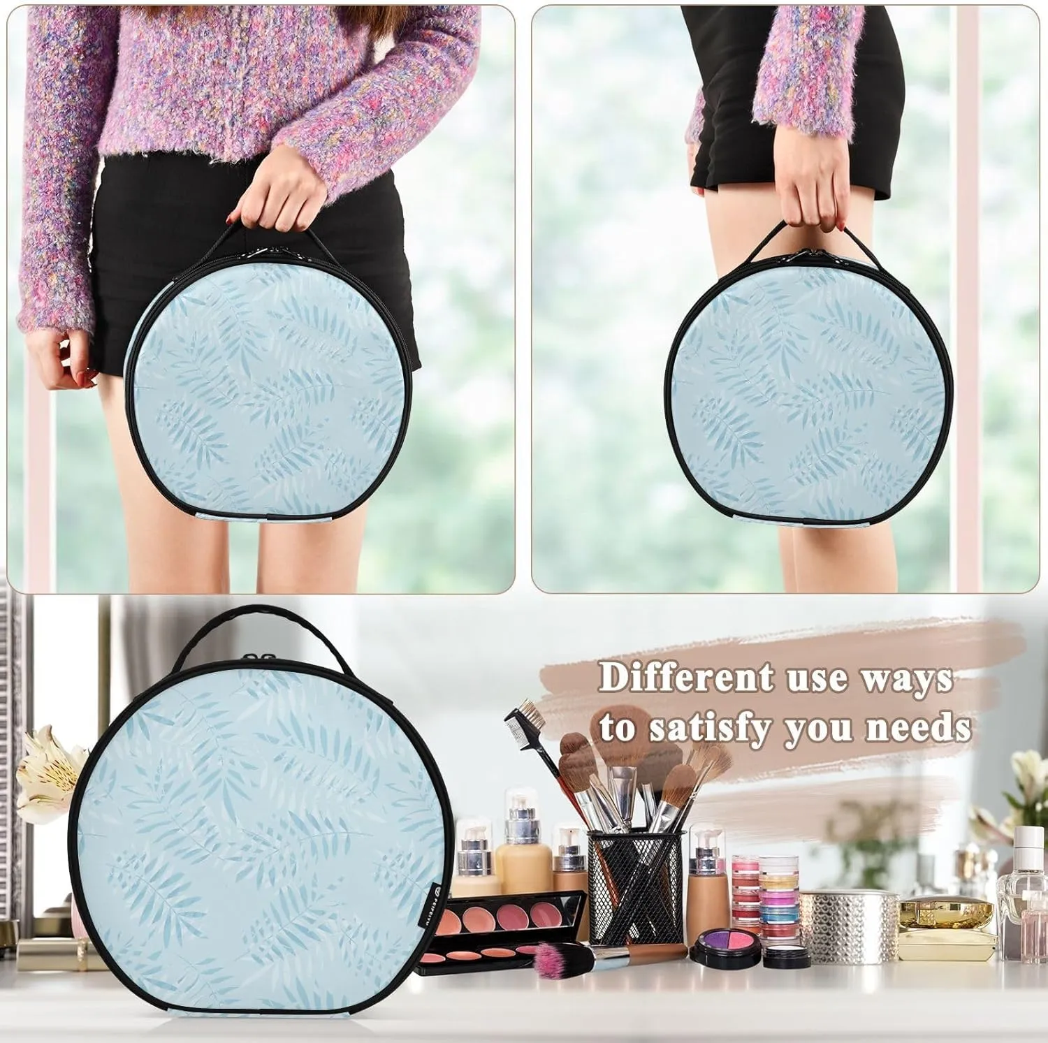 ALAZA Tropical Blue Palm Leaves Plant Summer Travel Make Up Organizer Cosmetic Brush Bags Case