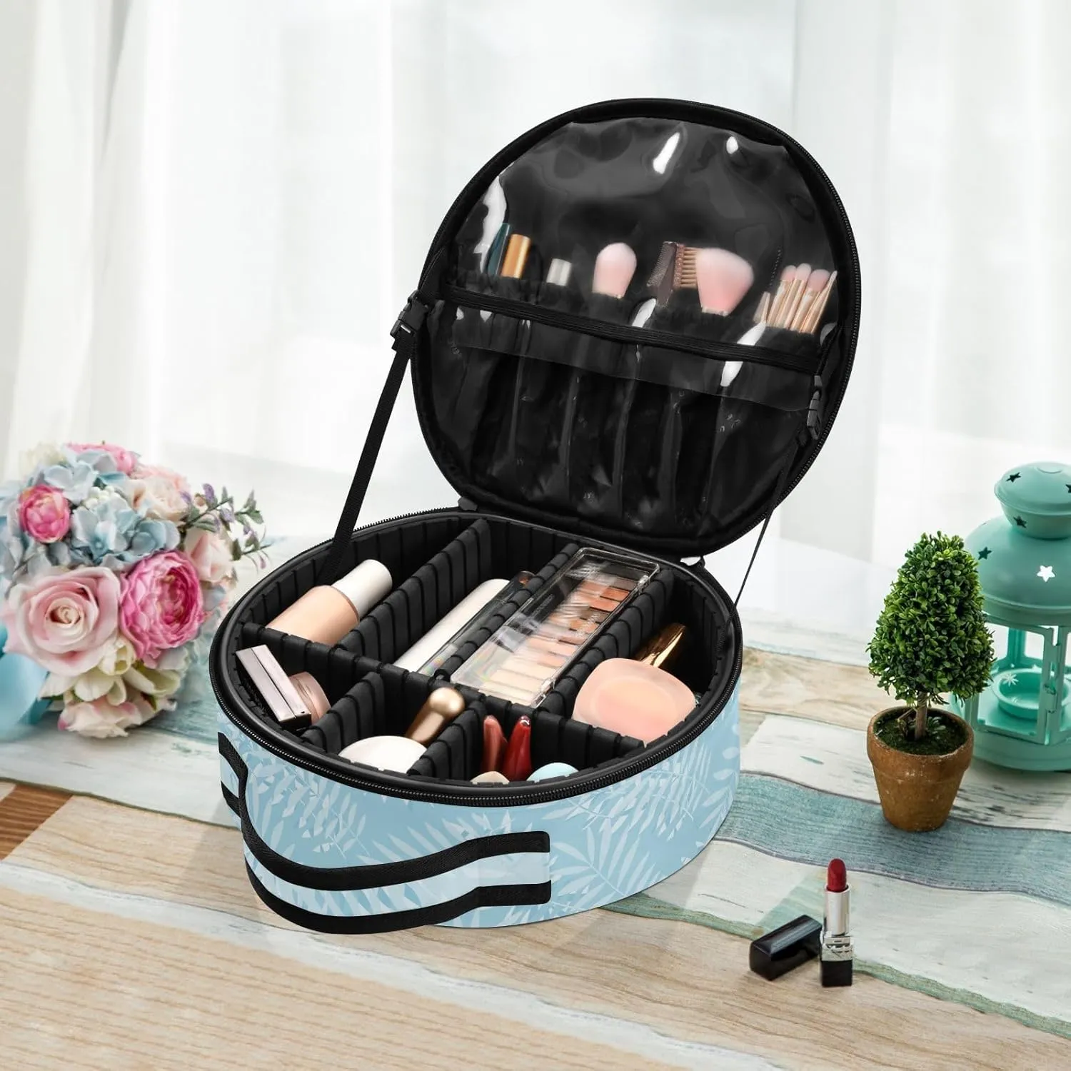 ALAZA Tropical Blue Palm Leaves Plant Summer Travel Make Up Organizer Cosmetic Brush Bags Case