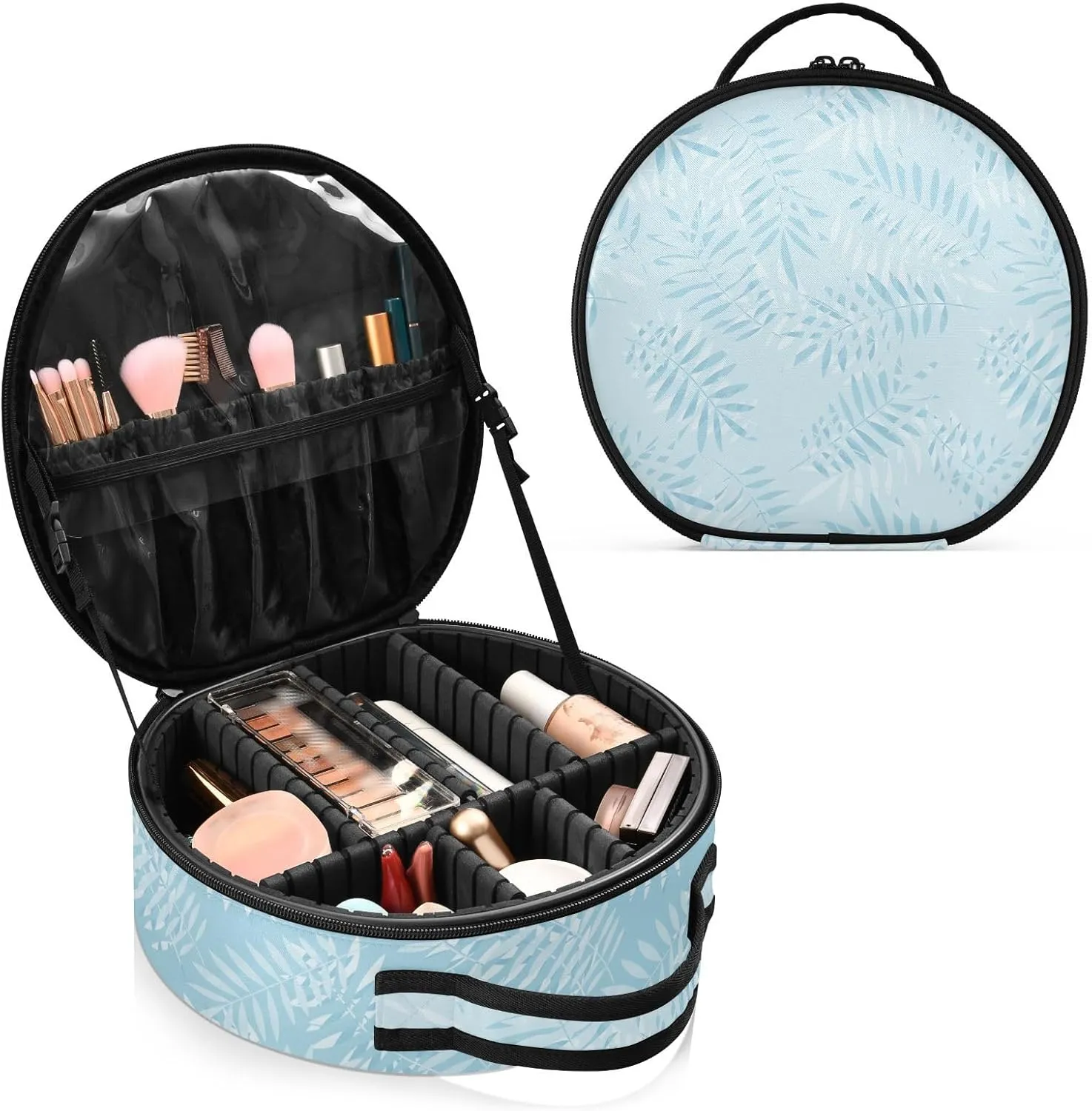 ALAZA Tropical Blue Palm Leaves Plant Summer Travel Make Up Organizer Cosmetic Brush Bags Case