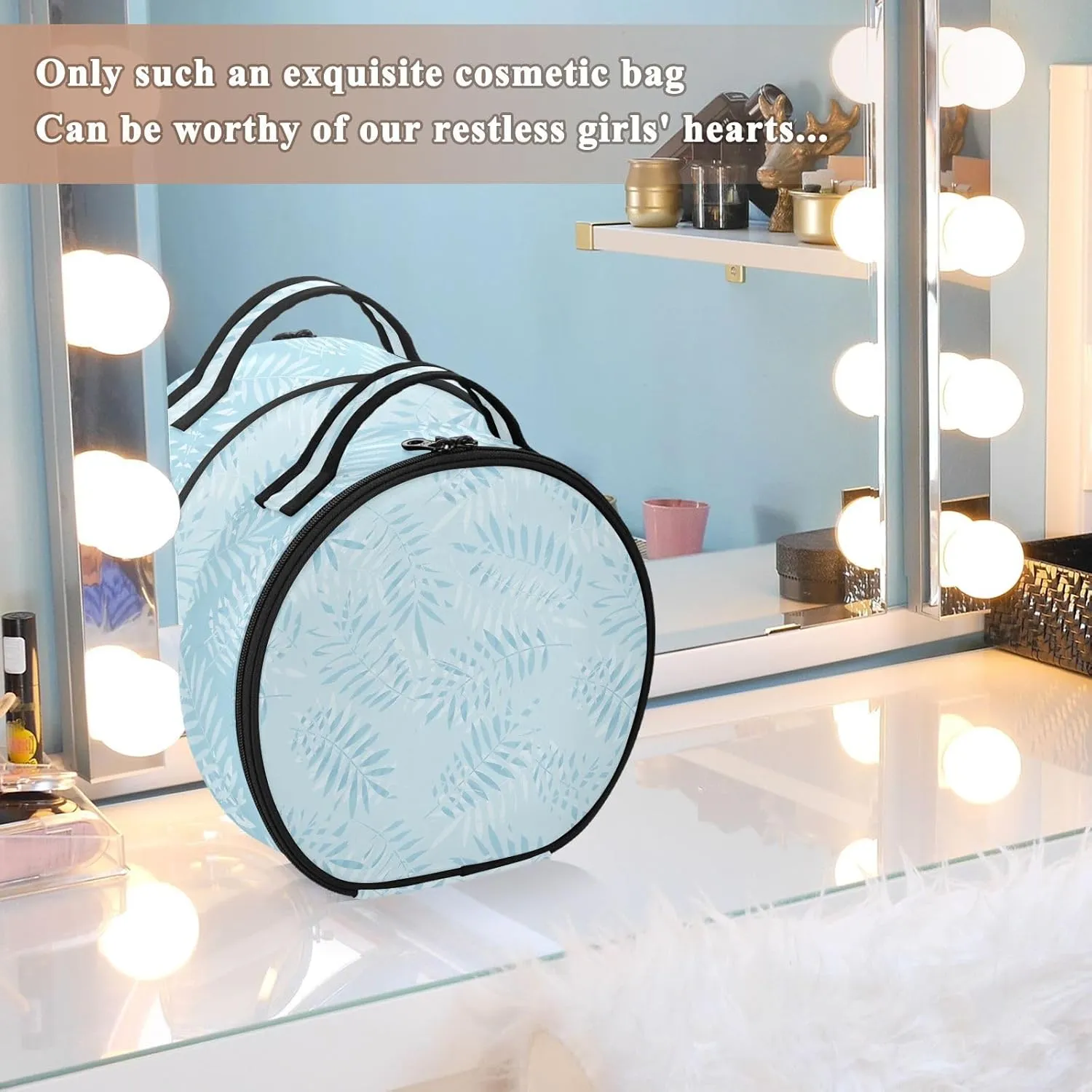 ALAZA Tropical Blue Palm Leaves Plant Summer Travel Make Up Organizer Cosmetic Brush Bags Case