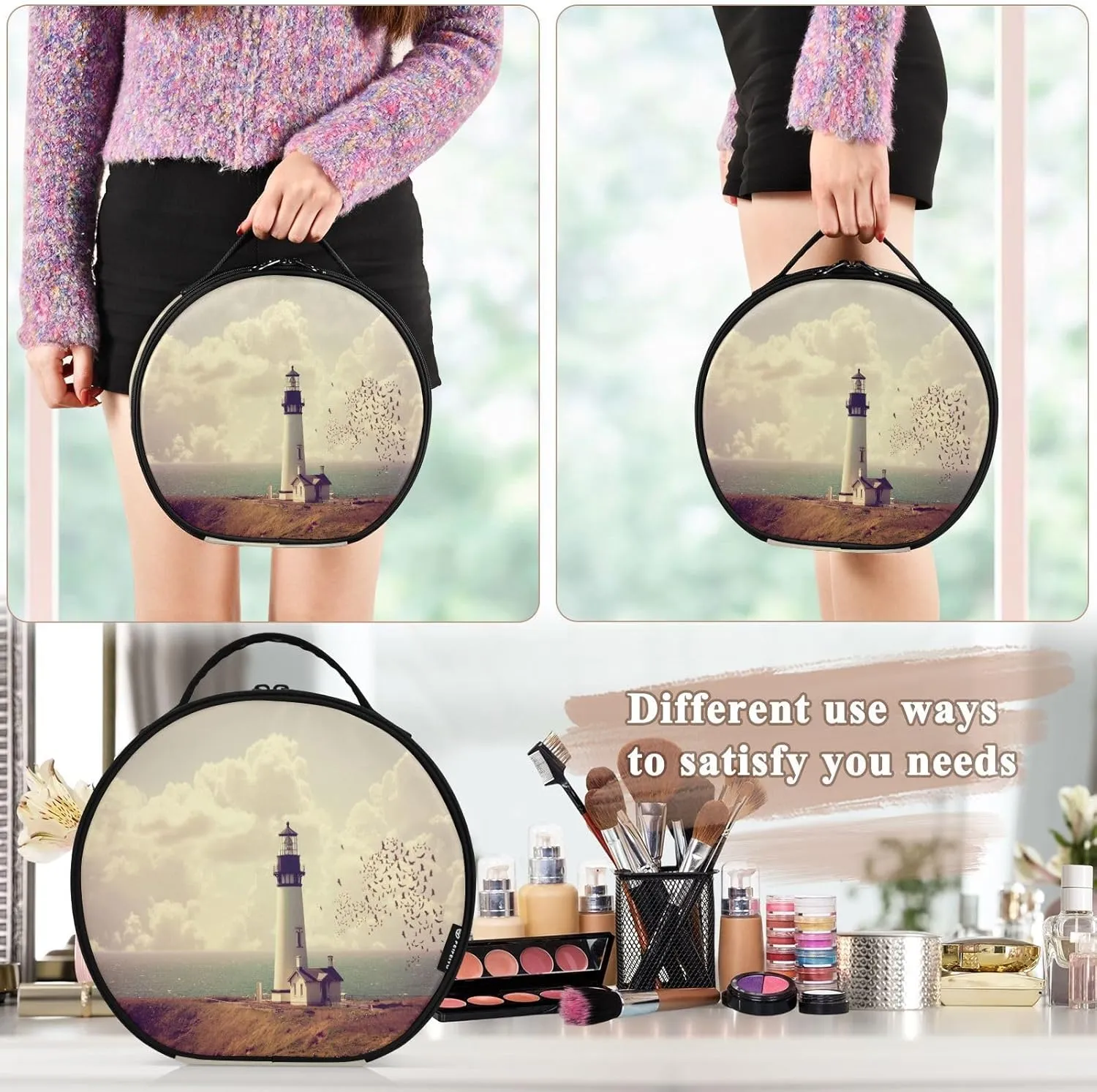 ALAZA Vintage Lighthouse Portable Cosmetic Bag Large Capacity Travel Makeup Case Organizer