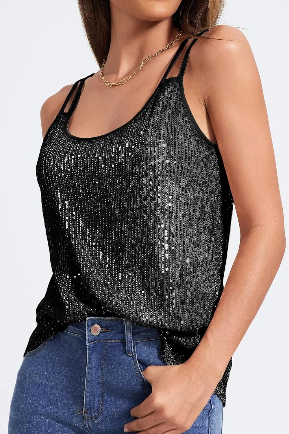 Allimy Womens Strappy Sequin V Neck Tank Tops Sparkle Shimmer Party Club Tank Tops Sleeveless Shirts