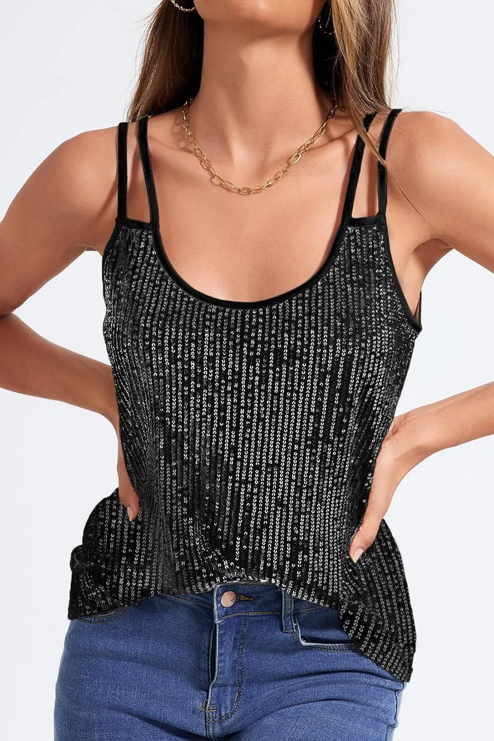 Allimy Womens Strappy Sequin V Neck Tank Tops Sparkle Shimmer Party Club Tank Tops Sleeveless Shirts