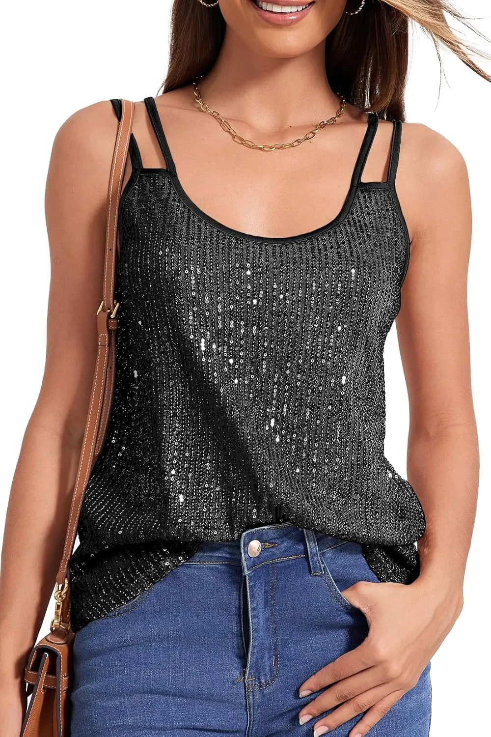 Allimy Womens Strappy Sequin V Neck Tank Tops Sparkle Shimmer Party Club Tank Tops Sleeveless Shirts