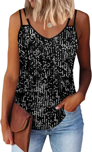 Allimy Womens Strappy Sequin V Neck Tank Tops Sparkle Shimmer Party Club Tank Tops Sleeveless Shirts