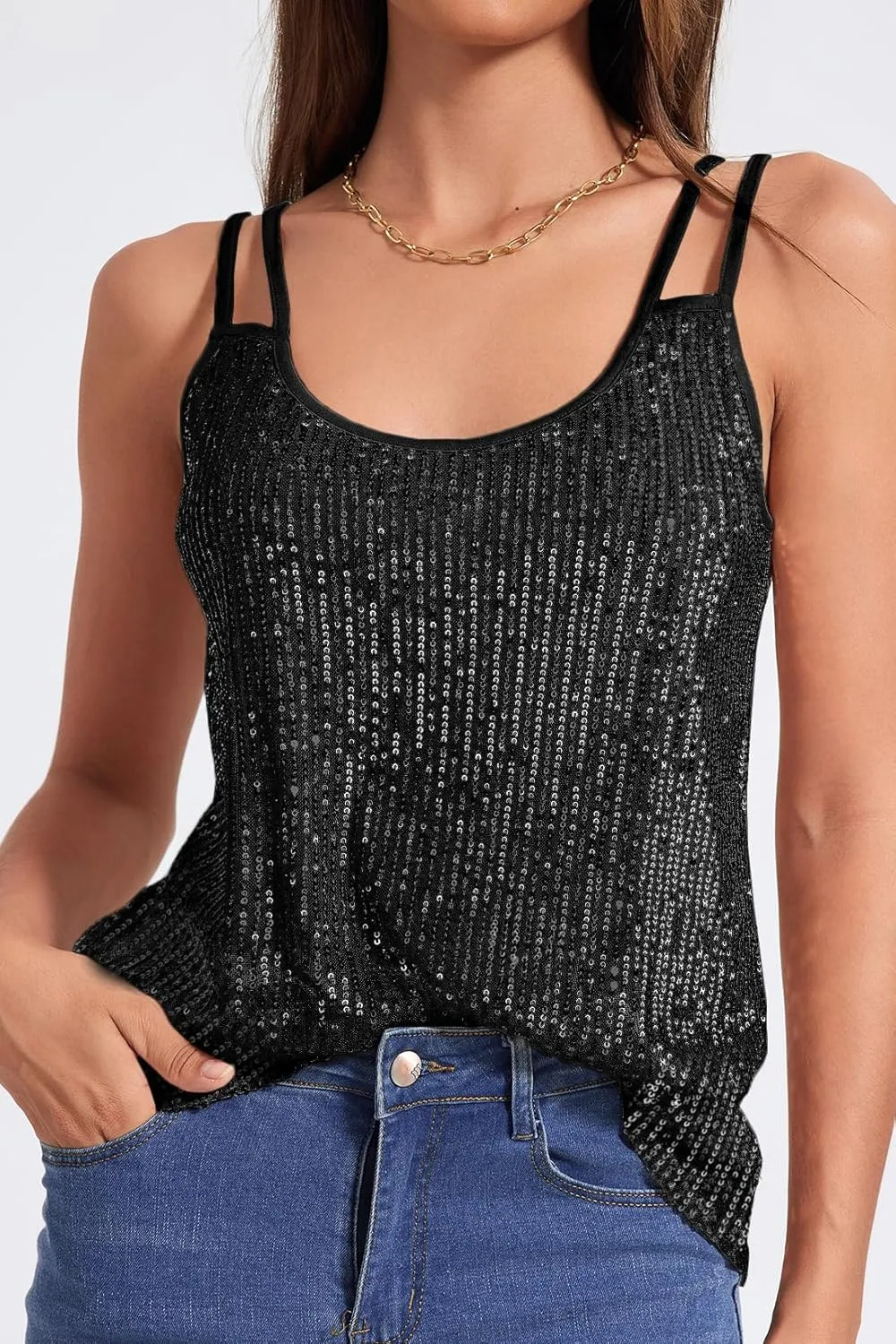 Allimy Womens Strappy Sequin V Neck Tank Tops Sparkle Shimmer Party Club Tank Tops Sleeveless Shirts