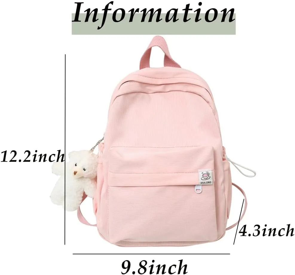 ALTALIVA Aesthetic Backpack Mini Canvas Korean Backpack with Kawaii Accessories, Laptop Lightweight Travel Backpack for Women (Pink)