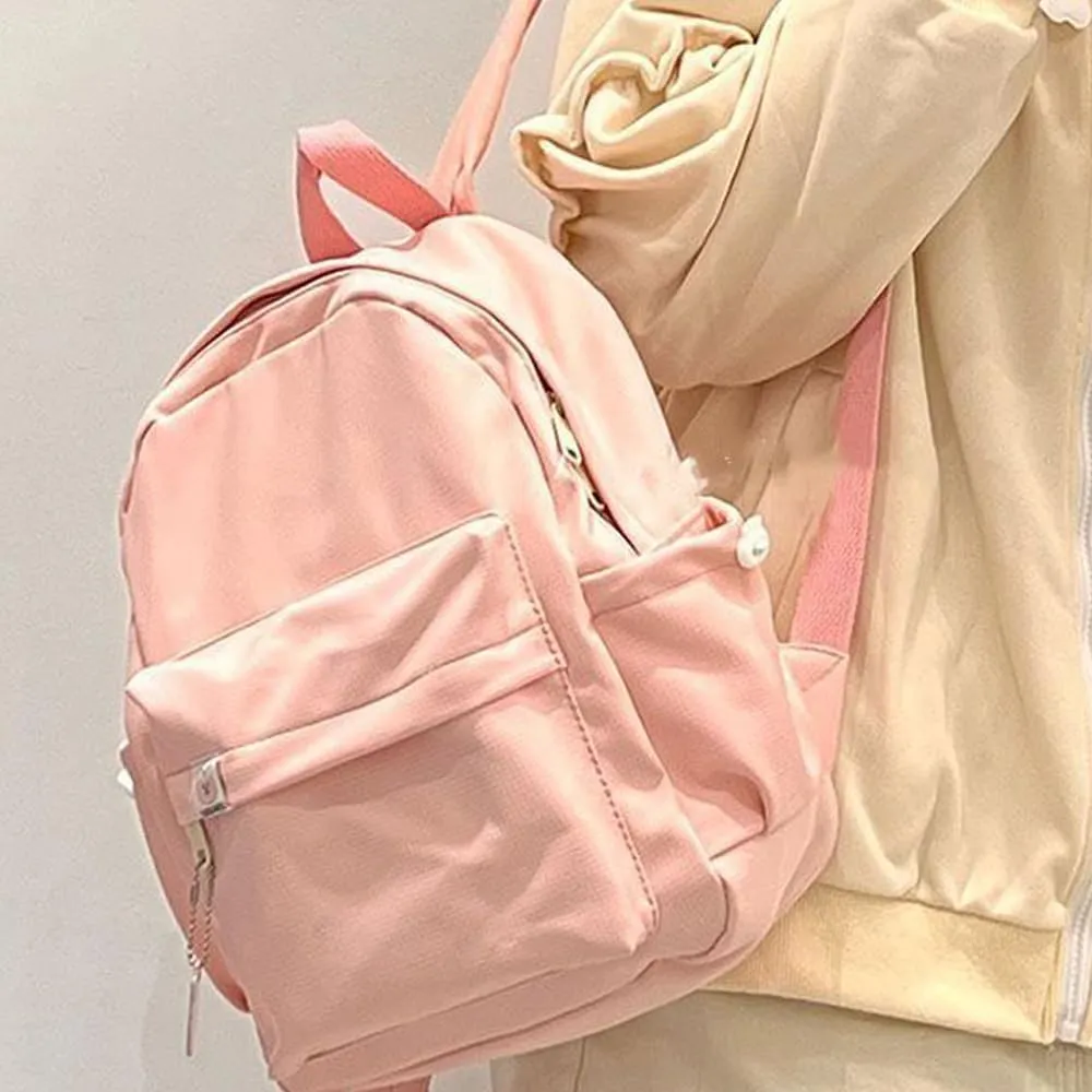 ALTALIVA Aesthetic Backpack Mini Canvas Korean Backpack with Kawaii Accessories, Laptop Lightweight Travel Backpack for Women (Pink)