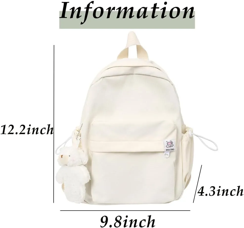ALTALIVA Aesthetic Backpack Mini Canvas Korean Backpack with Kawaii Accessories, Laptop Lightweight Travel Backpack for Women (White)