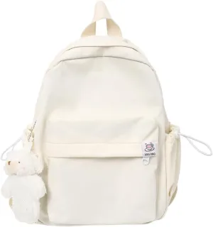ALTALIVA Aesthetic Backpack Mini Canvas Korean Backpack with Kawaii Accessories, Laptop Lightweight Travel Backpack for Women (White)