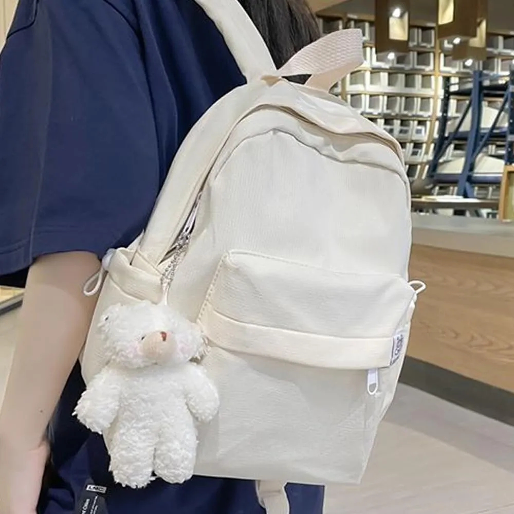 ALTALIVA Aesthetic Backpack Mini Canvas Korean Backpack with Kawaii Accessories, Laptop Lightweight Travel Backpack for Women (White)