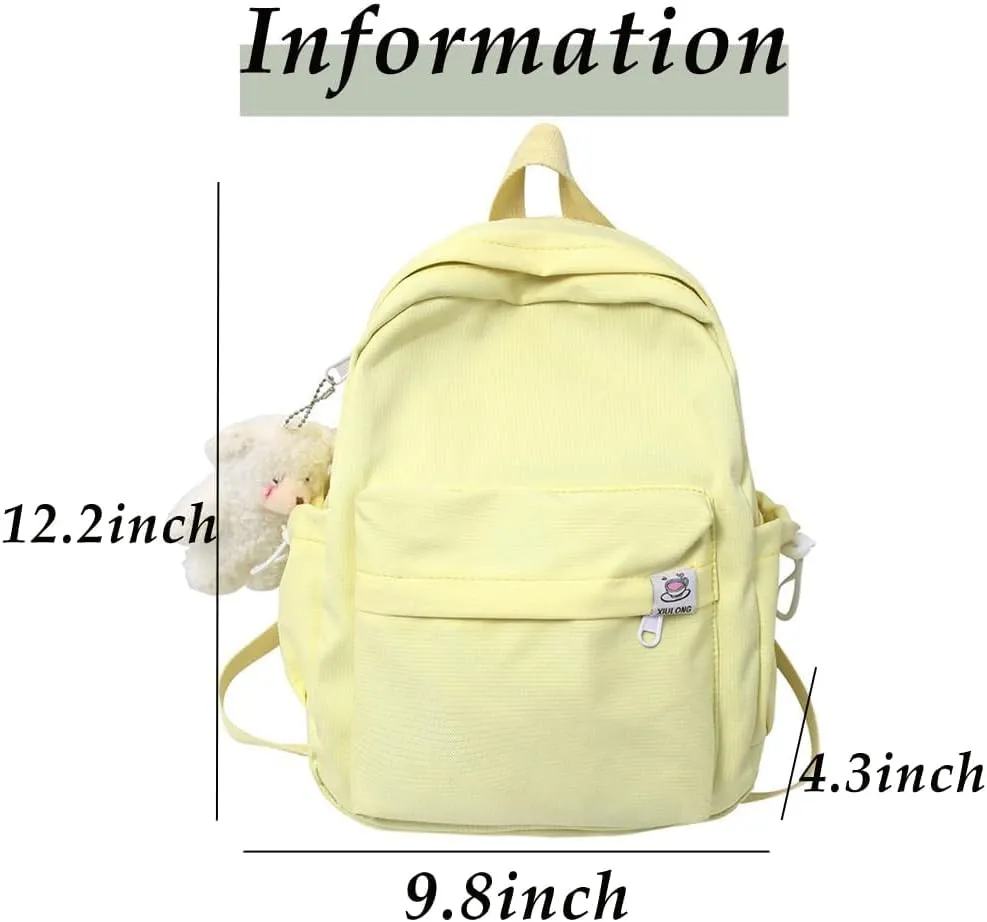 ALTALIVA Aesthetic Backpack Mini Canvas Korean Backpack with Kawaii Accessories, Laptop Lightweight Travel Backpack for Women (Yellow)