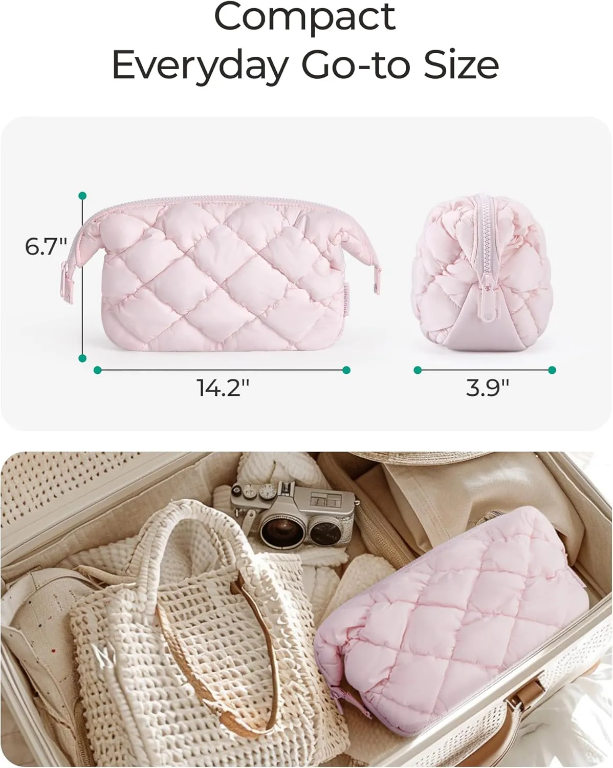 BAGSMART Quilted Travel Makeup Bag, Puffy Toiletry Organizer with Wide Opening, Cosmetic Storage for Women's Accessories, Black