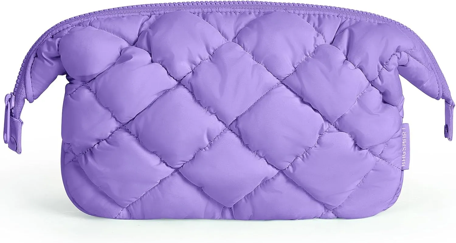 BAGSMART Quilted Travel Makeup Bag, Puffy Toiletry Organizer with Wide Opening, Cosmetic Storage for Women's Accessories, Purple