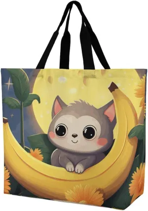 Banana Cat Print Tote Bag for Women Reusable Eco-friendly Shopping Bags Large Capacity Shoulder Bag