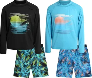 Big Chill Boys Rash Guard Set - 4 Piece UPF 50  Quick Dry Long Sleeve Swim Shirts and Trunks Set for Boys (Sizes: 4-14)