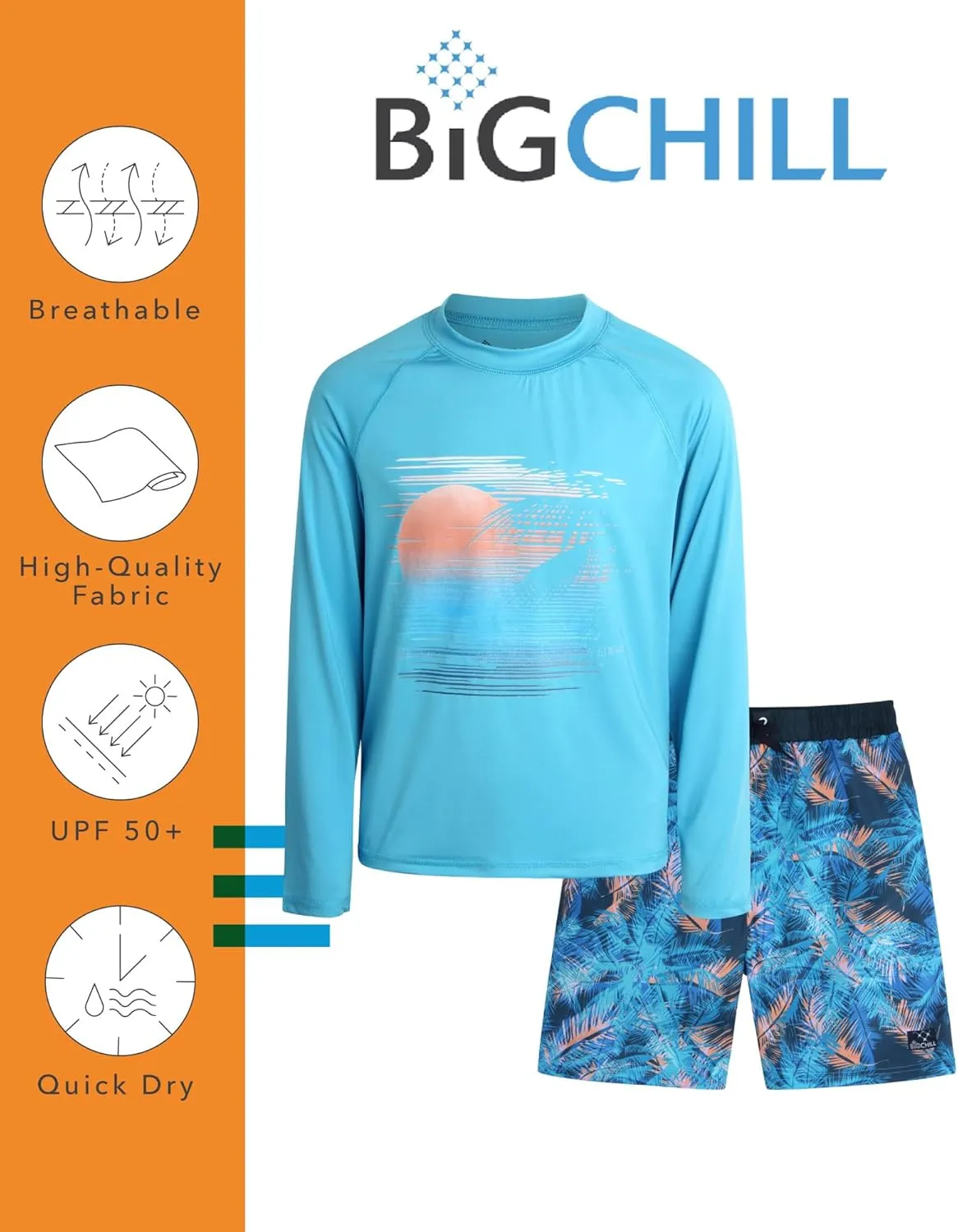Big Chill Boys Rash Guard Set - 4 Piece UPF 50  Quick Dry Long Sleeve Swim Shirts and Trunks Set for Boys (Sizes: 4-14)