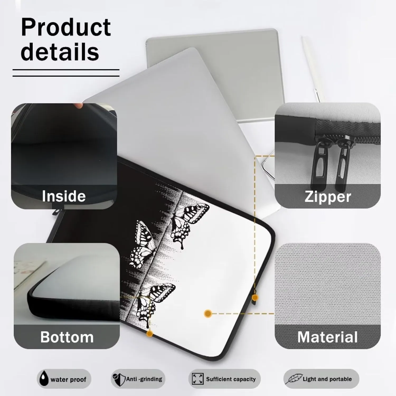Black White Buttefly Print 17 Inch Tablet Case Computer Bag Laptop Carrying Cases & Sleeves for Accessories