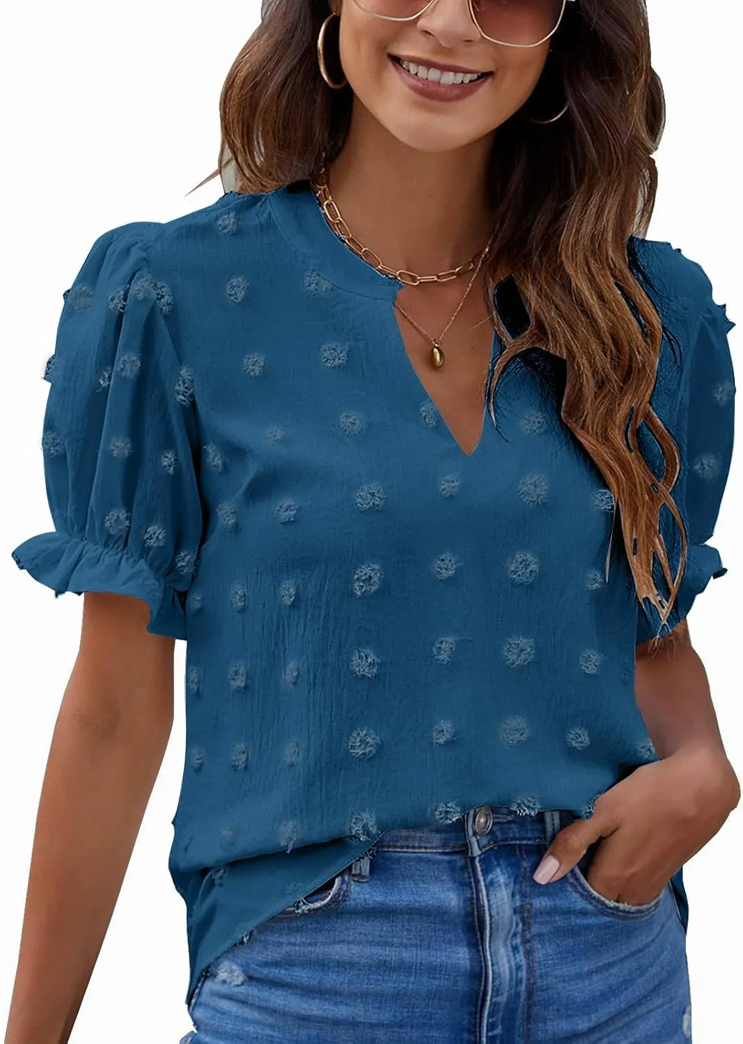 Blooming Jelly Women's Puff Sleeve Casual Tops Fashion White Polka Dot Blouses Dressy Ladies Summer Tops