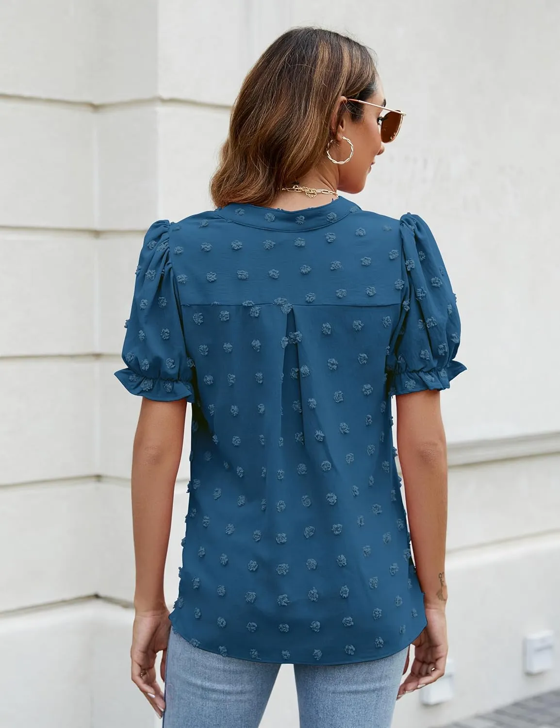 Blooming Jelly Women's Puff Sleeve Casual Tops Fashion White Polka Dot Blouses Dressy Ladies Summer Tops