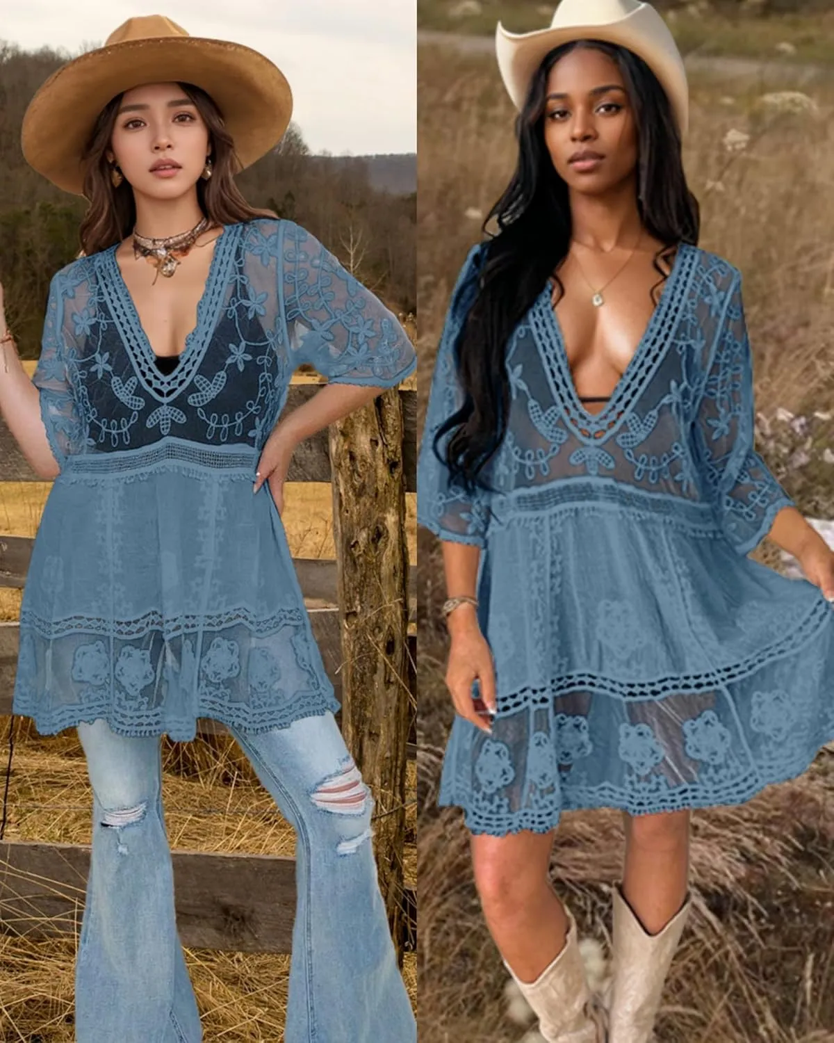 Bsubseach Women Lace Swimsuit Cover Up Bathing Suit Coverups V-Neck Swimwear Beach Vacation Dress
