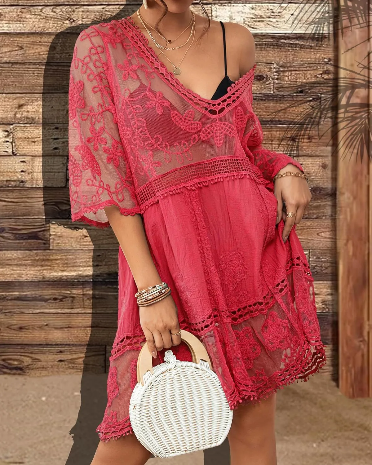 Bsubseach Women Lace Swimsuit Cover Up Bathing Suit Coverups V-Neck Swimwear Beach Vacation Dress