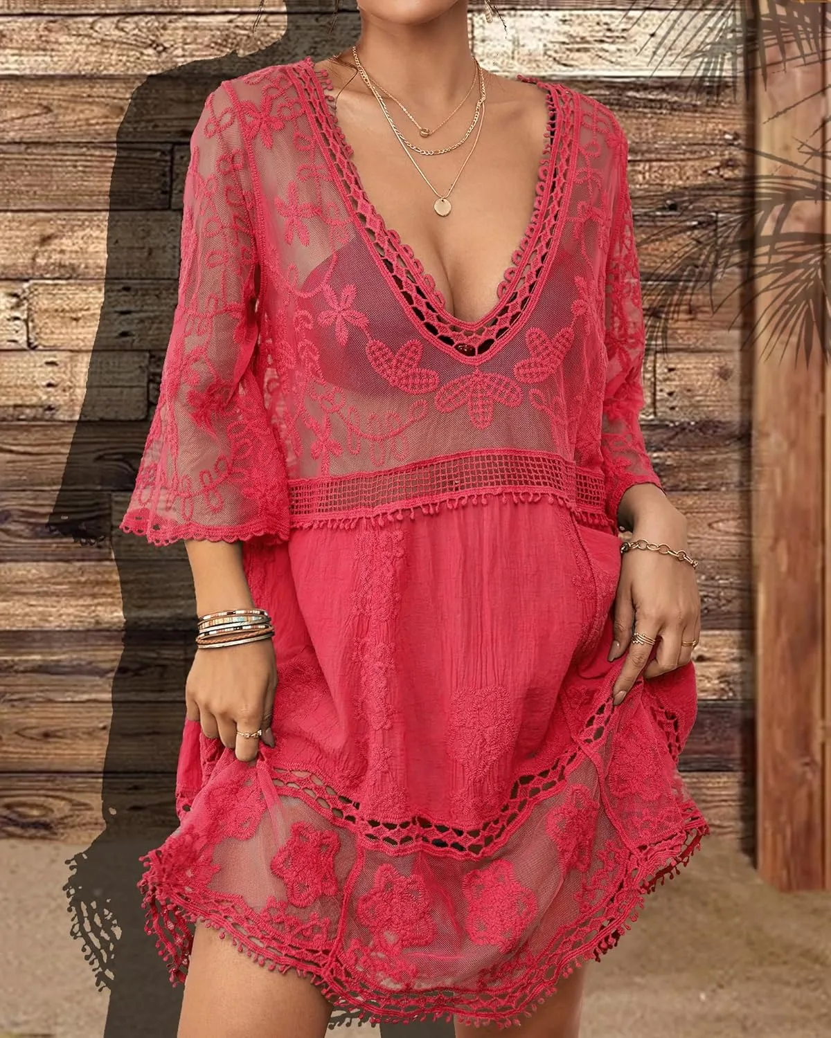 Bsubseach Women Lace Swimsuit Cover Up Bathing Suit Coverups V-Neck Swimwear Beach Vacation Dress