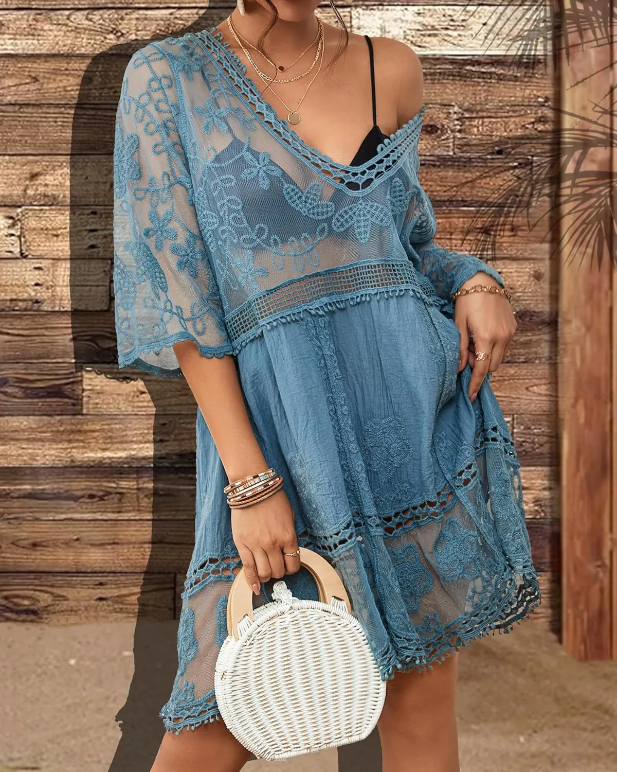 Bsubseach Women Lace Swimsuit Cover Up Bathing Suit Coverups V-Neck Swimwear Beach Vacation Dress