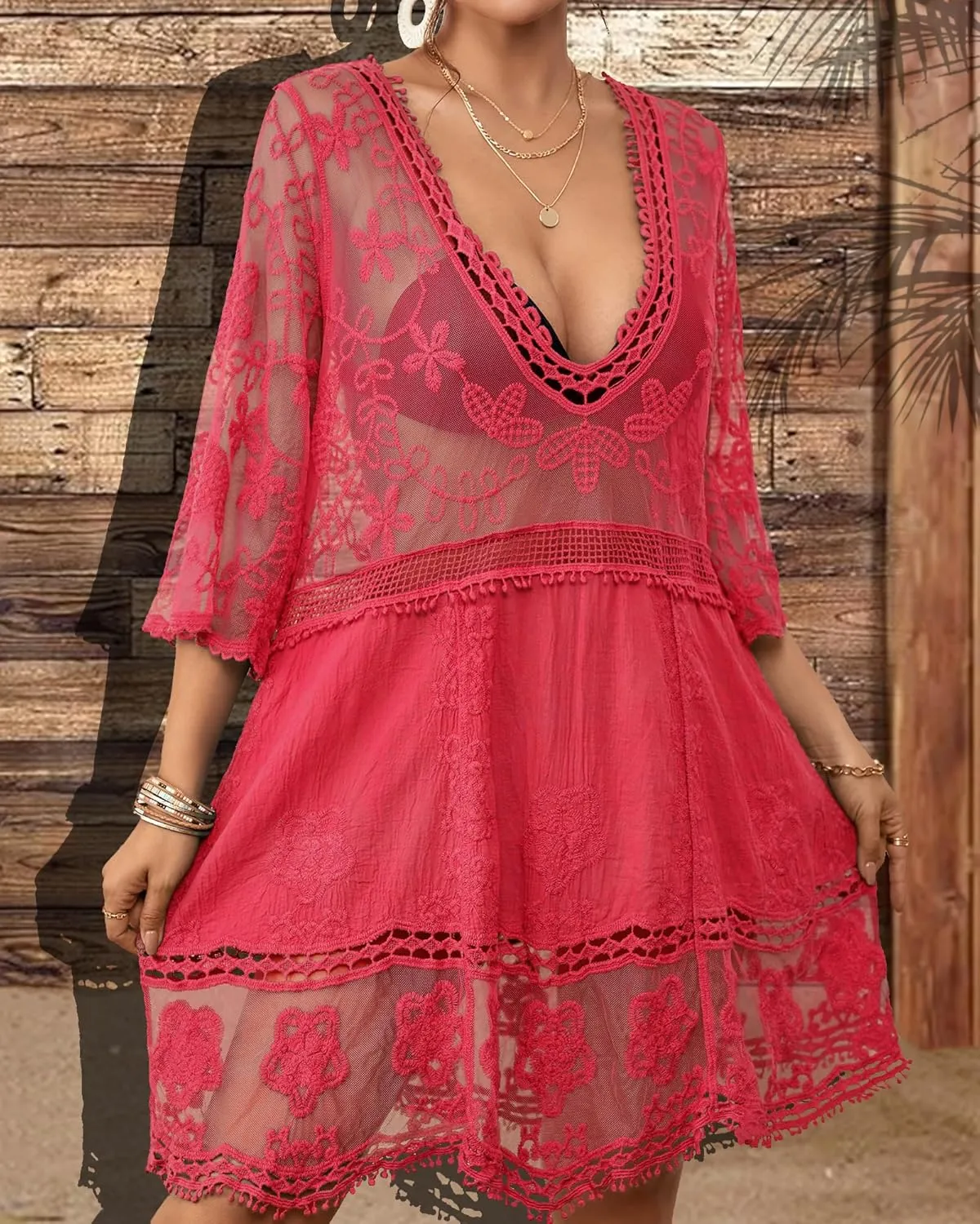 Bsubseach Women Lace Swimsuit Cover Up Bathing Suit Coverups V-Neck Swimwear Beach Vacation Dress
