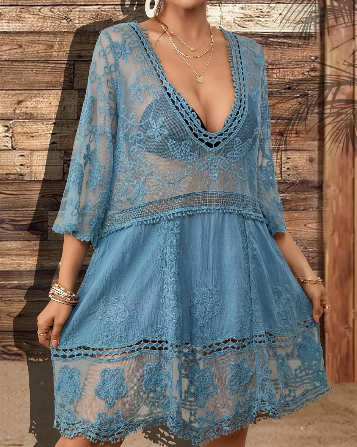 Bsubseach Women Lace Swimsuit Cover Up Bathing Suit Coverups V-Neck Swimwear Beach Vacation Dress