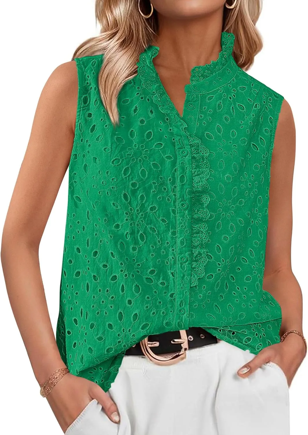 BTFBM Women's Sleeveless Button Down Shirts Ruffle V Neck Casual Hollow Out Eyelet Tops Boho Summer Vacation Blouse 2025
