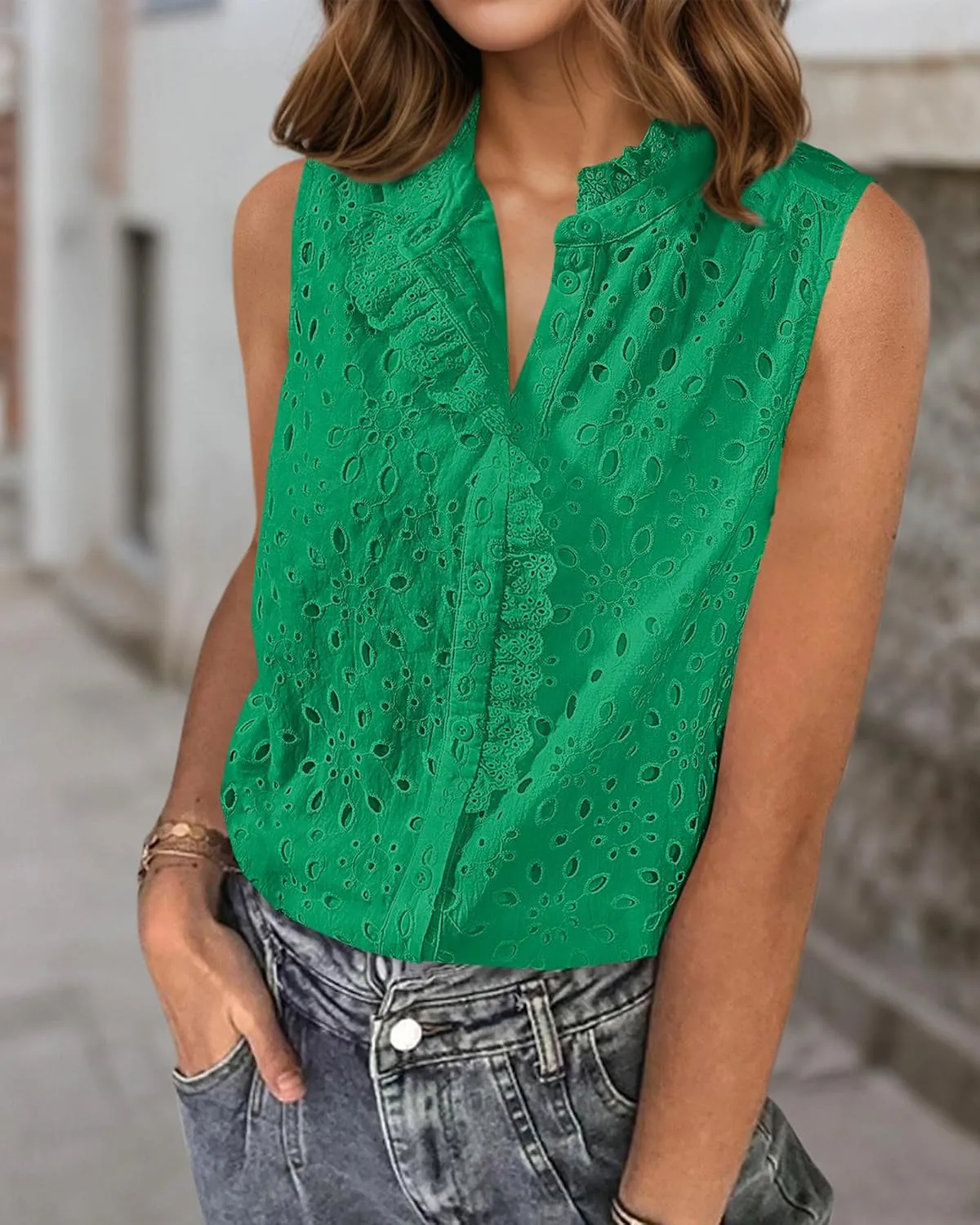 BTFBM Women's Sleeveless Button Down Shirts Ruffle V Neck Casual Hollow Out Eyelet Tops Boho Summer Vacation Blouse 2025