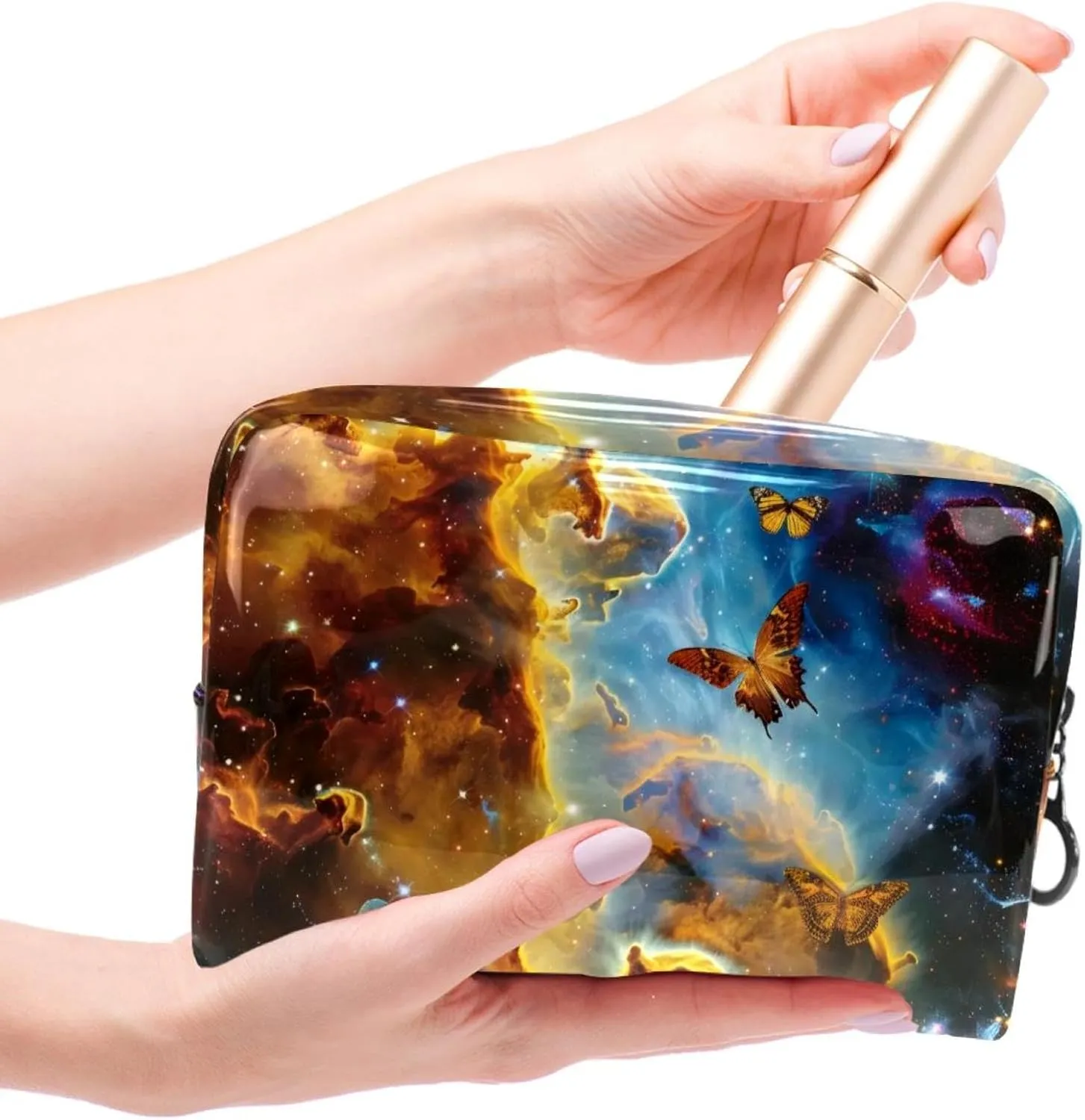Butterflies Galaxy Cosmetic Bags, Portable Travel Makeup Bags with Zipper, PVC Cosmetic Pouch Small Toiletry Bag Organizer Bags