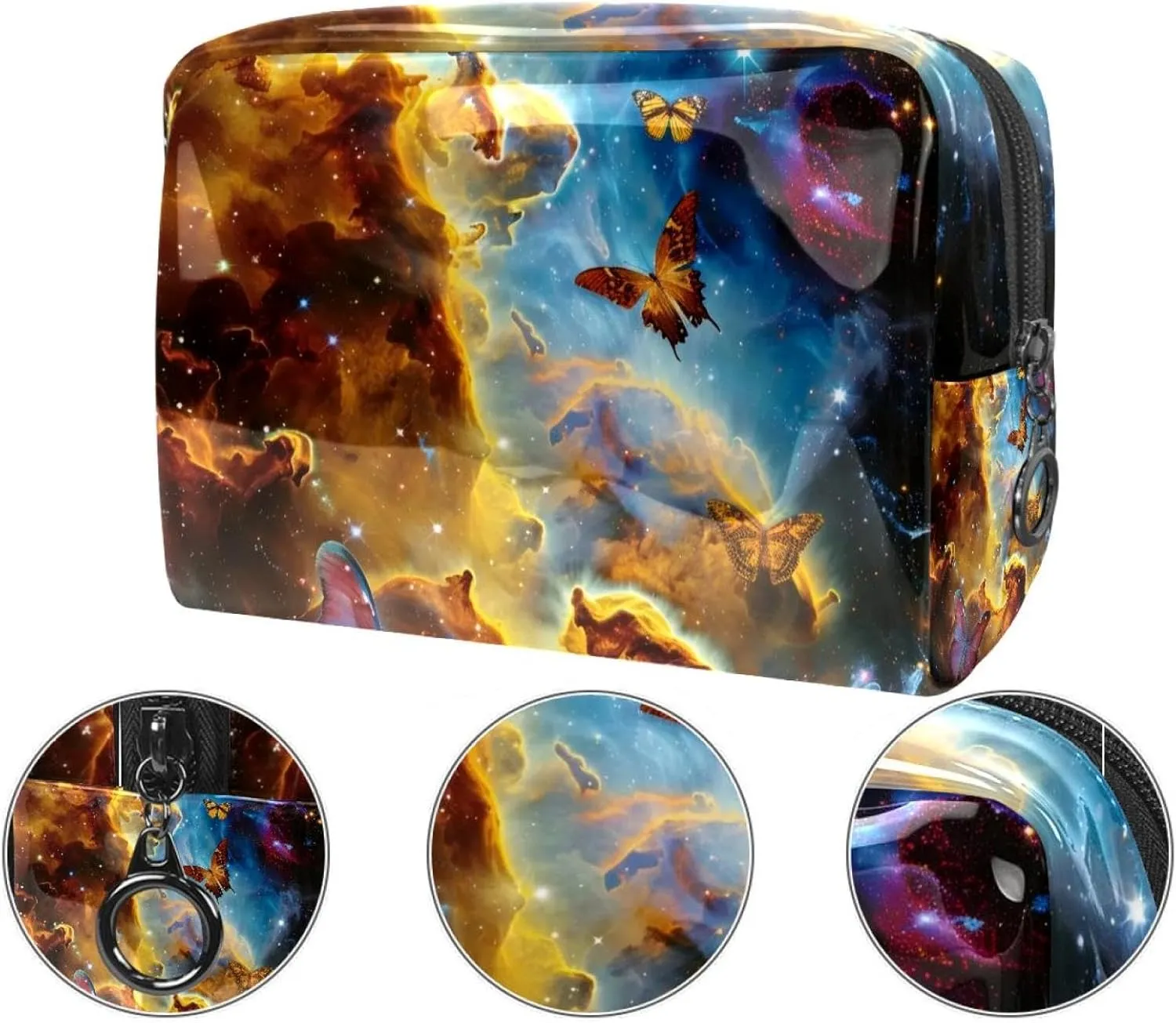 Butterflies Galaxy Cosmetic Bags, Portable Travel Makeup Bags with Zipper, PVC Cosmetic Pouch Small Toiletry Bag Organizer Bags