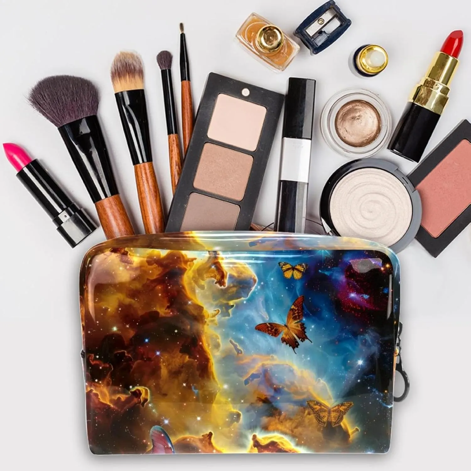 Butterflies Galaxy Cosmetic Bags, Portable Travel Makeup Bags with Zipper, PVC Cosmetic Pouch Small Toiletry Bag Organizer Bags