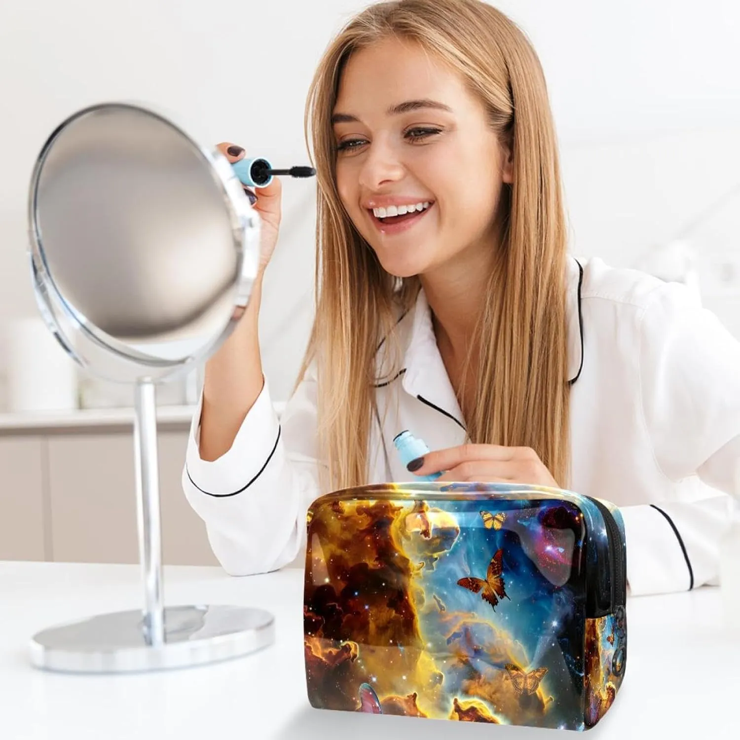 Butterflies Galaxy Cosmetic Bags, Portable Travel Makeup Bags with Zipper, PVC Cosmetic Pouch Small Toiletry Bag Organizer Bags