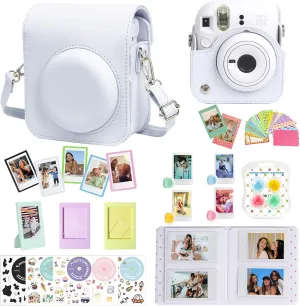CAIYOULE Accessories for Fujifilm Instax Mini 12 Instant Camera, Accessory Bundle Include PU Leather 12 Case, Mini Picture Album, Frames, DIY Stickers, Color Filter (No Camera) - Clay White